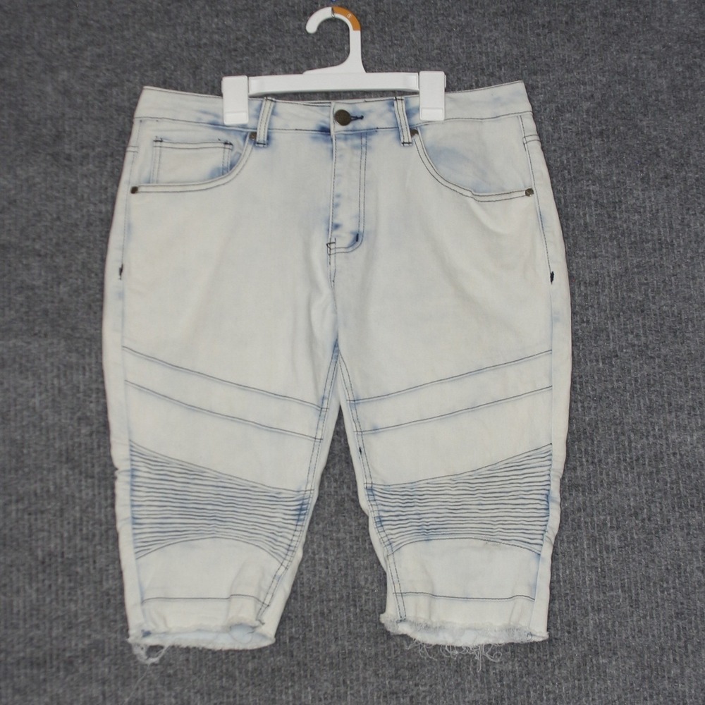 DENIM & RIVETS Shorts Mens 34 Acid Wash Moto Denim Super Light Blue Cropped